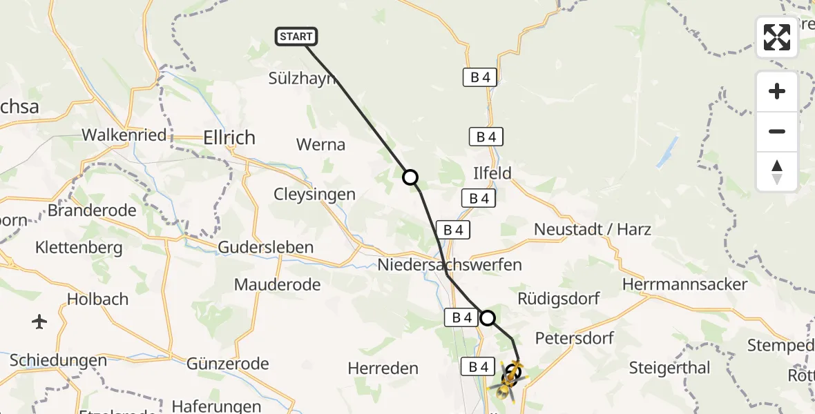 Flugroute Rettungshubschrauber Ellrich - Südharz Hospital Nordhausen, 10 Juli 2026, 15:00