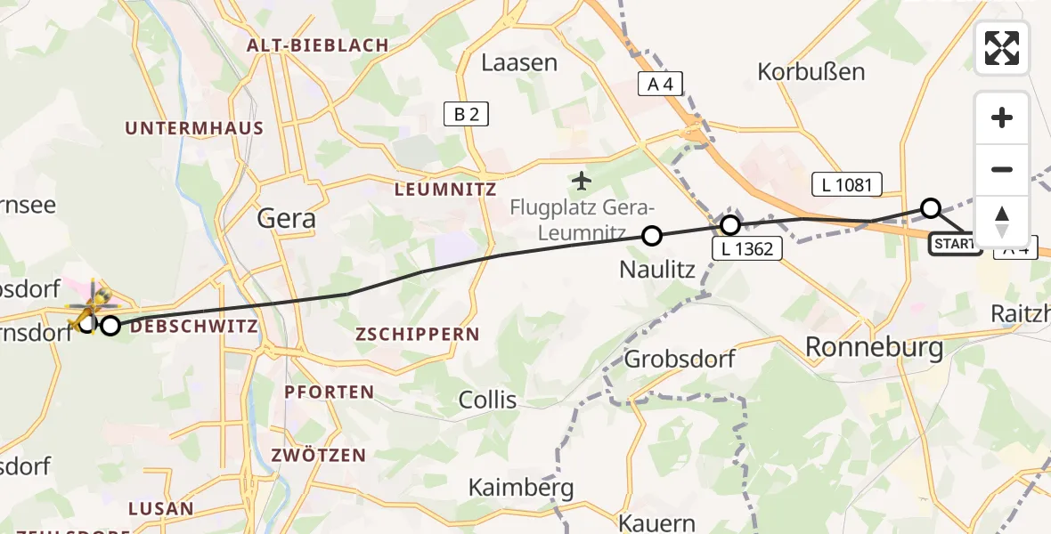 Flugroute Rettungshubschrauber Ronneburg - SRH Wald-Klinikum Gera Hospital, 10 Juli 2026, 15:04