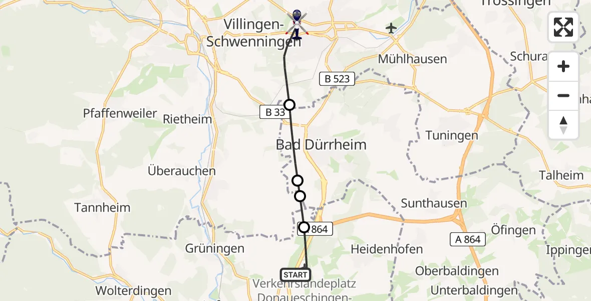 Flugroute Polizeihubschrauber Donaueschingen-Villingen Flugplatz - Villingen-Schwenningen, 10 Juli 2026, 15:08