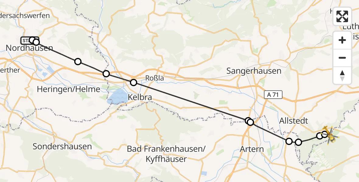 Flugroute Rettungshubschrauber Südharz Hospital Nordhausen - Allstedt, 10 Juli 2026, 15:10
