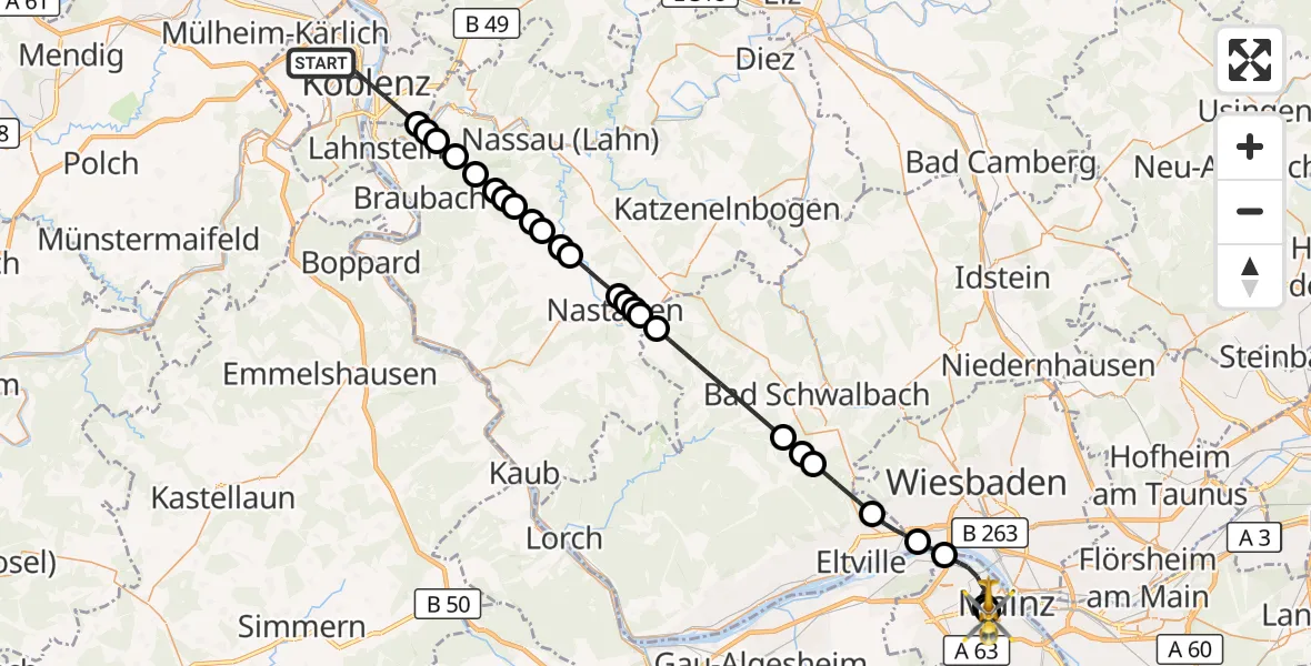 Flugroute Rettungshubschrauber Koblenz - Mainz University Hospital, 10 Juli 2026, 15:13