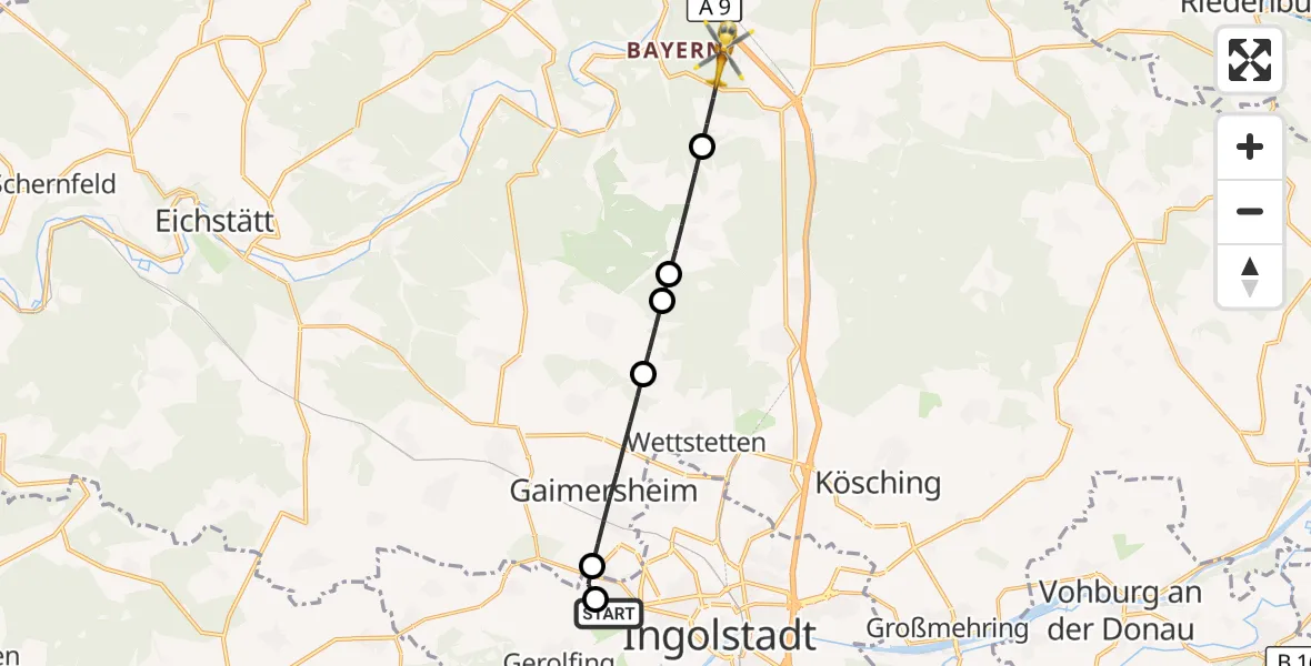 Flugroute Rettungshubschrauber Ingolstadt Hospital - Denkendorf, 10 Juli 2026, 15:18