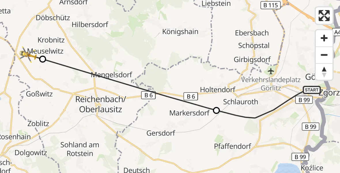 Flugroute Rettungshubschrauber Görlitz - Reichenbach/O.L., 10 Juli 2026, 15:21