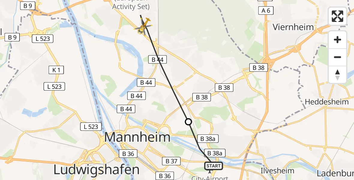 Flugroute Rettungshubschrauber Mannheim-City Flughafen - Mannheim, 10 Juli 2026, 15:23