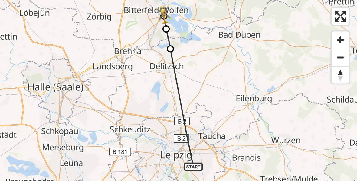 Flugroute Rettungshubschrauber Leipzig - Bitterfield-Wolfen Health Center Hubschrauberlandeplatz, 10 Juli 2026, 15:27