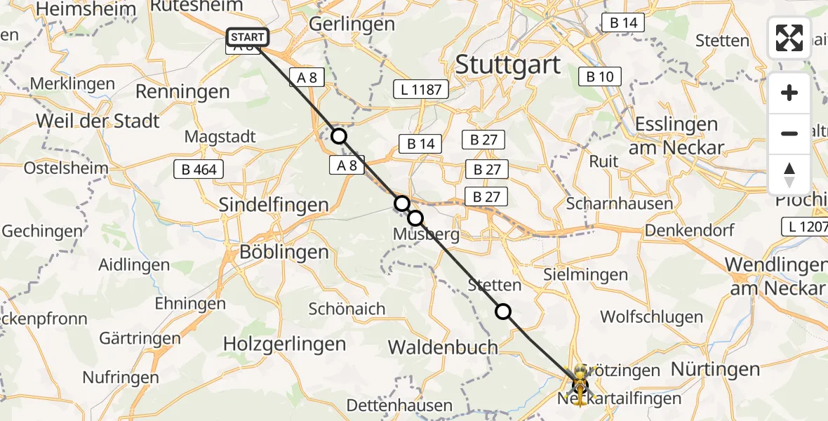 Flugroute Rettungshubschrauber Leonberg - Aichtal, 10 Juli 2026, 15:27