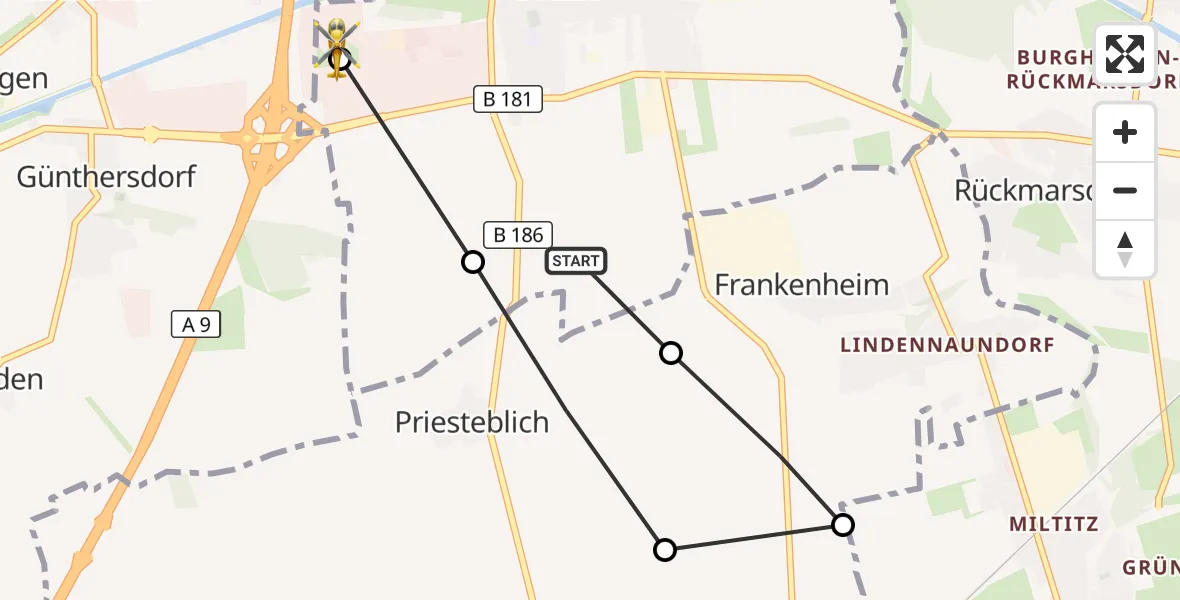 Flugroute Rettungshubschrauber Schkeuditz - ADAC Air Rescue Station Leipzig/Schkeuditz-Dölzig Hubschrauberlandeplatz (Christoph 61), 10 Juli 2026, 15:35
