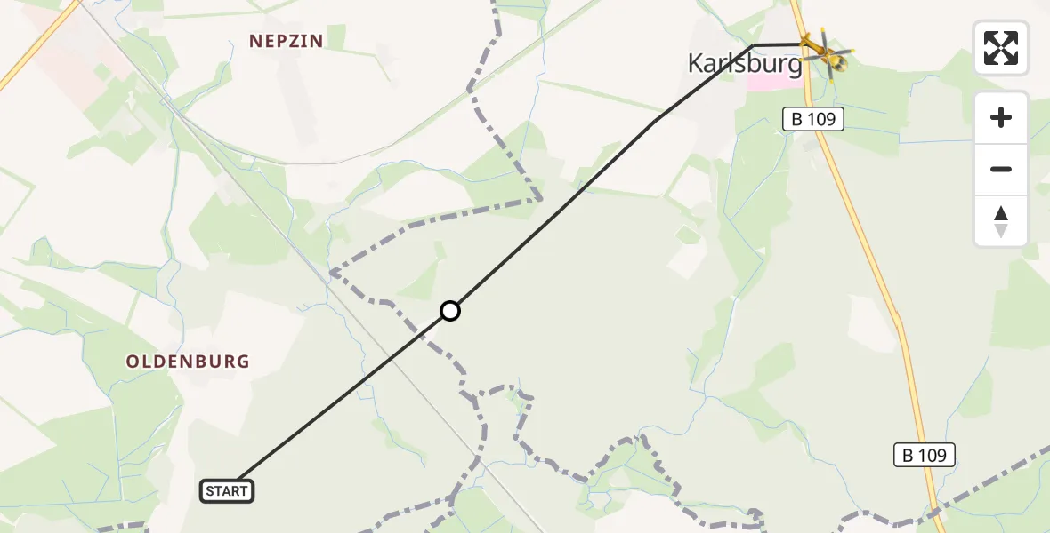 Flugroute Rettungshubschrauber Züssow - Karlsburg, 10 Juli 2026, 15:37