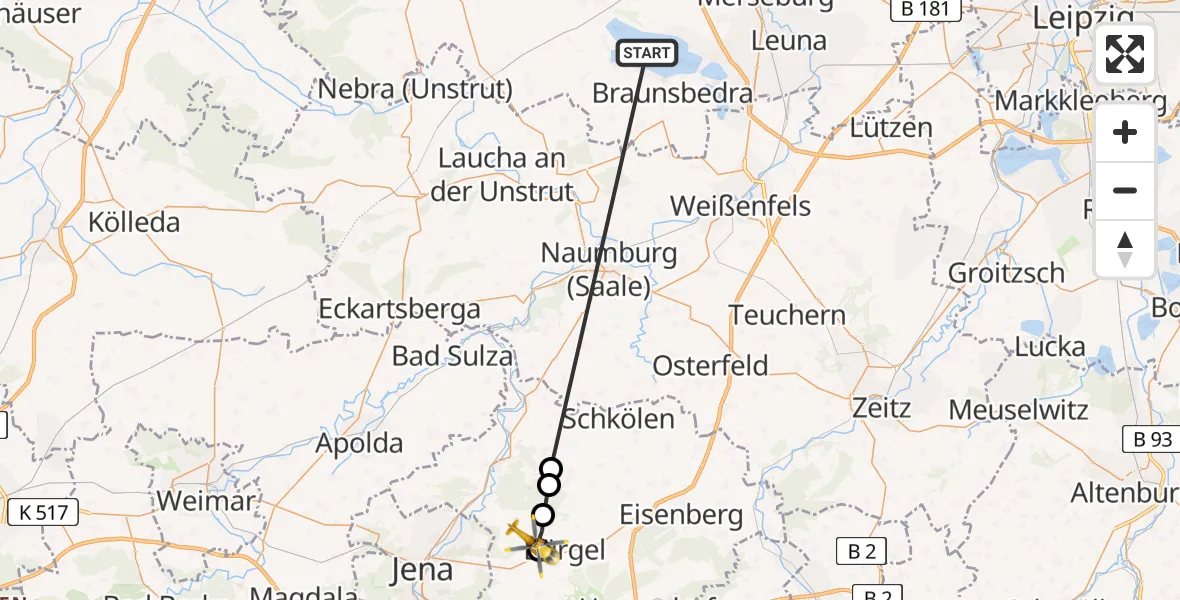 Flugroute Rettungshubschrauber Braunsbedra - Nausnitz, 10 Juli 2026, 15:37
