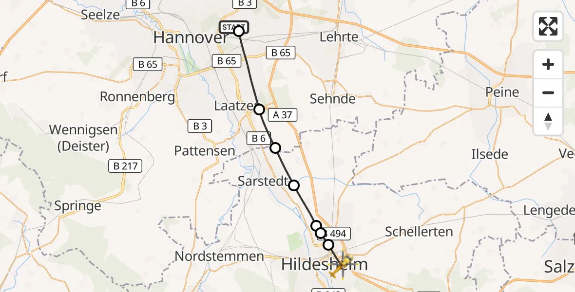 Flugroute Rettungshubschrauber Hannover Luftrettung Hubschrauberlandeplatz (Christoph 4) - Hildesheim, 10 Juli 2026, 15:39