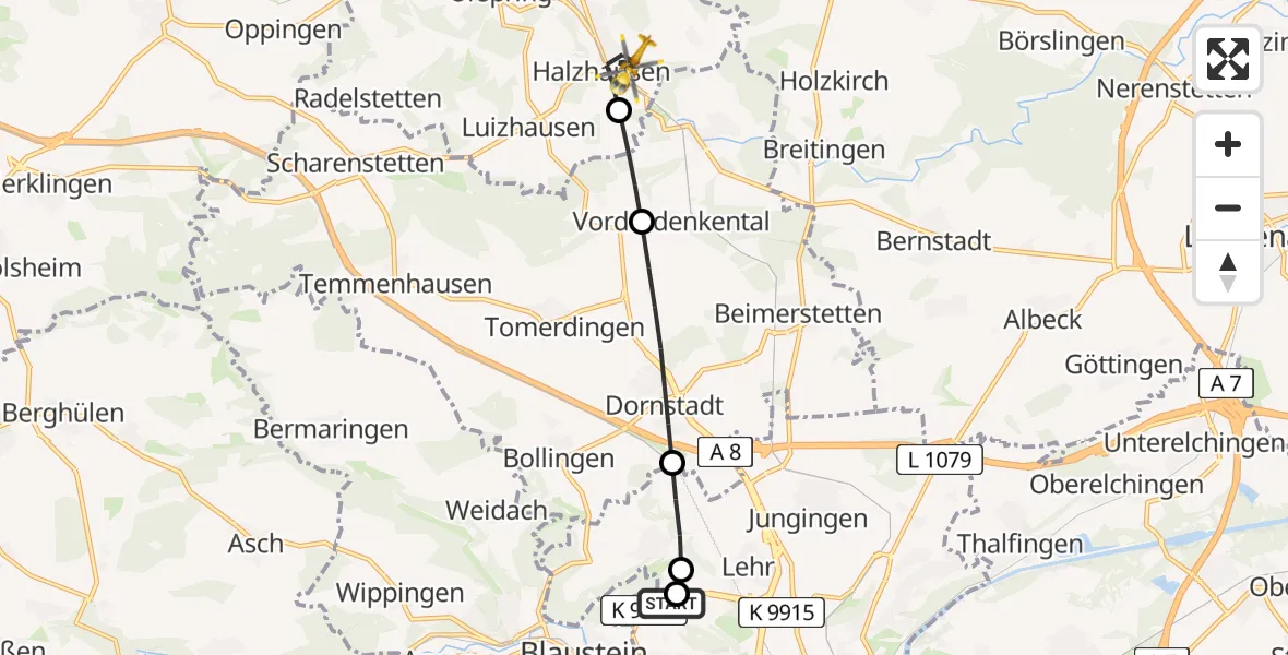 Flugroute Rettungshubschrauber Ulm Military Hospital Emergency - Lonsee, 10 Juli 2026, 15:40