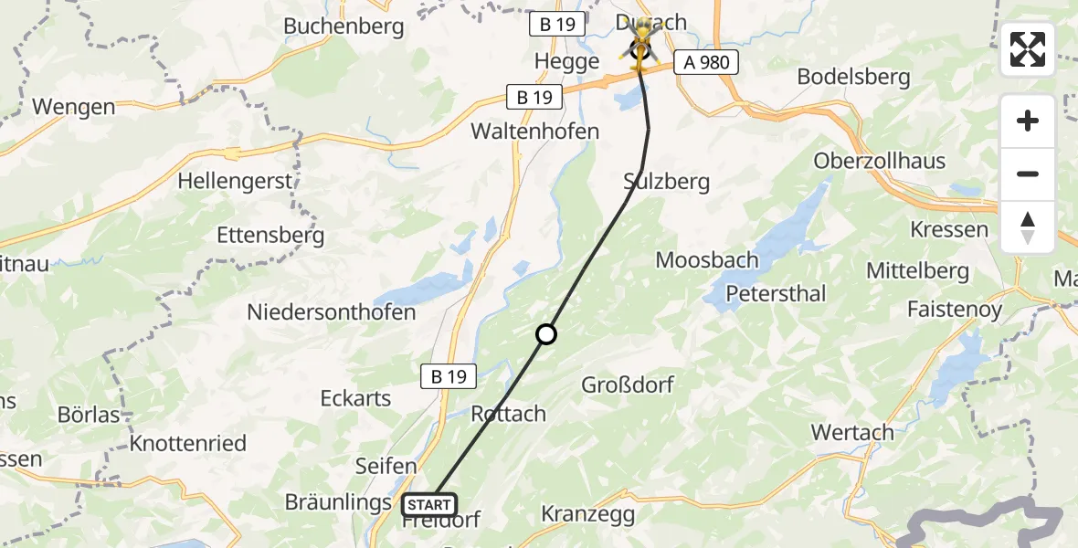 Flugroute Rettungshubschrauber Rettenberg - Kempten-Durach Flugplatz, 10 Juli 2026, 15:41