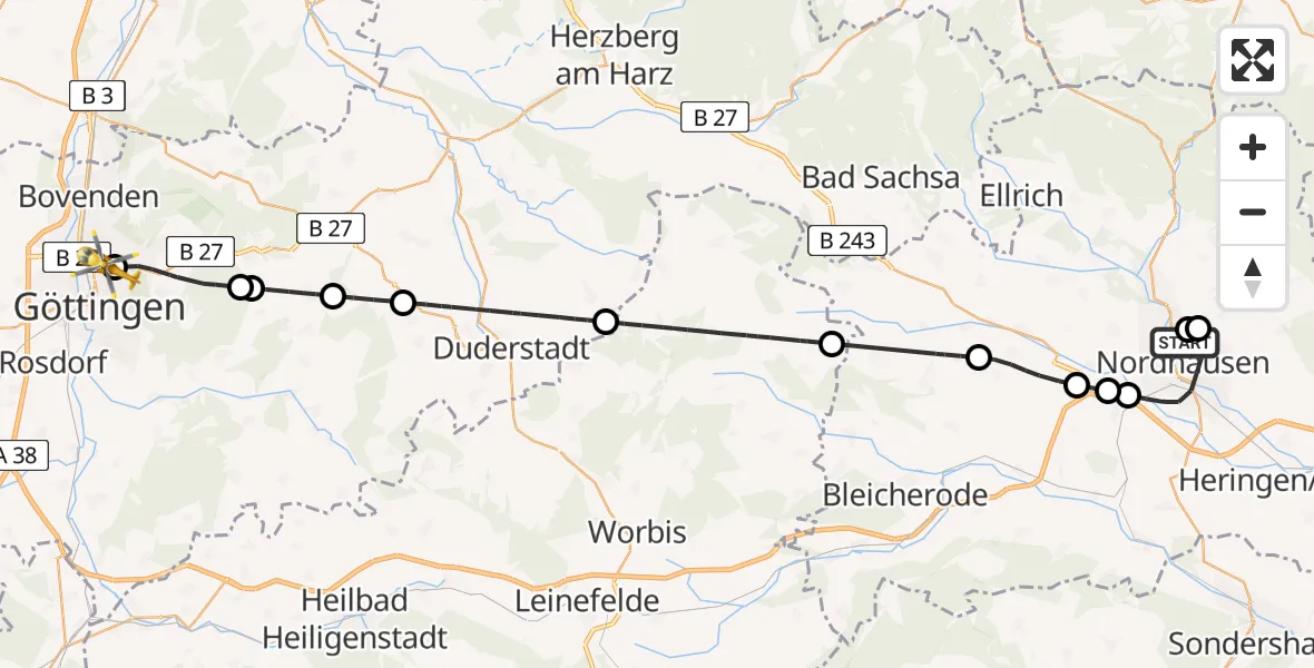 Flugroute Rettungshubschrauber Südharz Hospital Nordhausen - Göttingen University Clinic Hubschrauberlandeplatz, 10 Juli 2026, 15:43