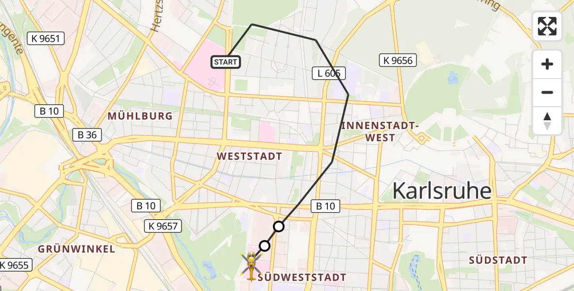 Flugroute Ambulanzhubschrauber Karlsruhe - Sankt Vincentius Hospital, 10 Juli 2026, 15:44