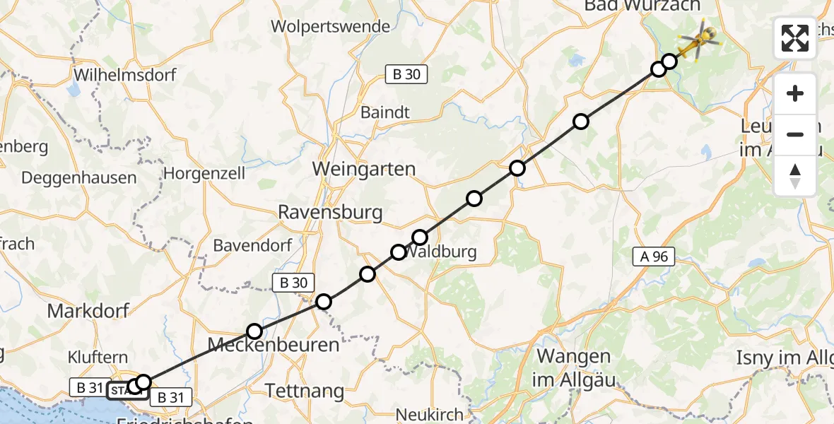 Flugroute Rettungshubschrauber Friedrichshafen Hospital - Bad Wurzach, 10 Juli 2026, 15:44