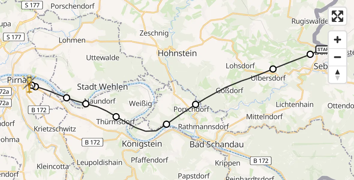 Flugroute Rettungshubschrauber Saxon Switzerland Clinic Sebnitz Hubschrauberlandeplatz - Pirna Hospital, 10 Juli 2026, 15:45