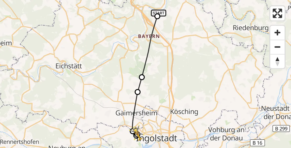 Flugroute Rettungshubschrauber Kinding - Ingolstadt Hospital, 10 Juli 2026, 15:47