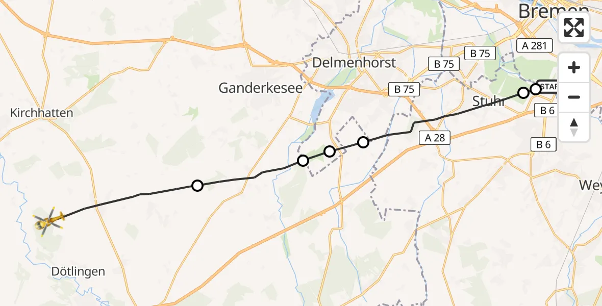 Flugroute Rettungshubschrauber Bremen - Dötlingen, 10 Juli 2026, 15:50