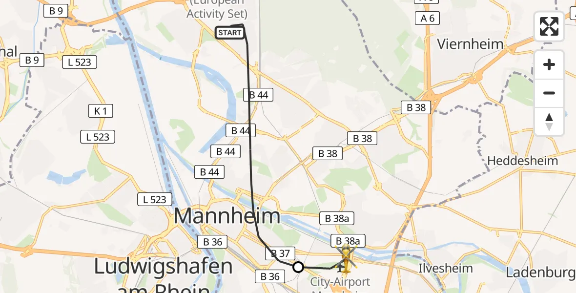 Flugroute Rettungshubschrauber Mannheim - Mannheim-City Flughafen, 10 Juli 2026, 15:52