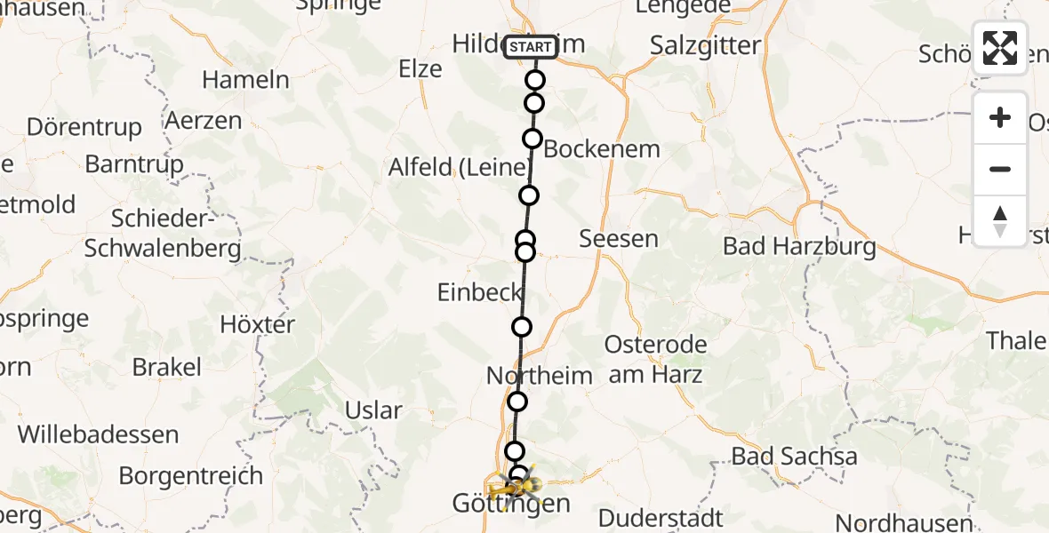 Flugroute Rettungshubschrauber Hildesheim - Göttingen University Clinic Hubschrauberlandeplatz, 10 Juli 2026, 15:57