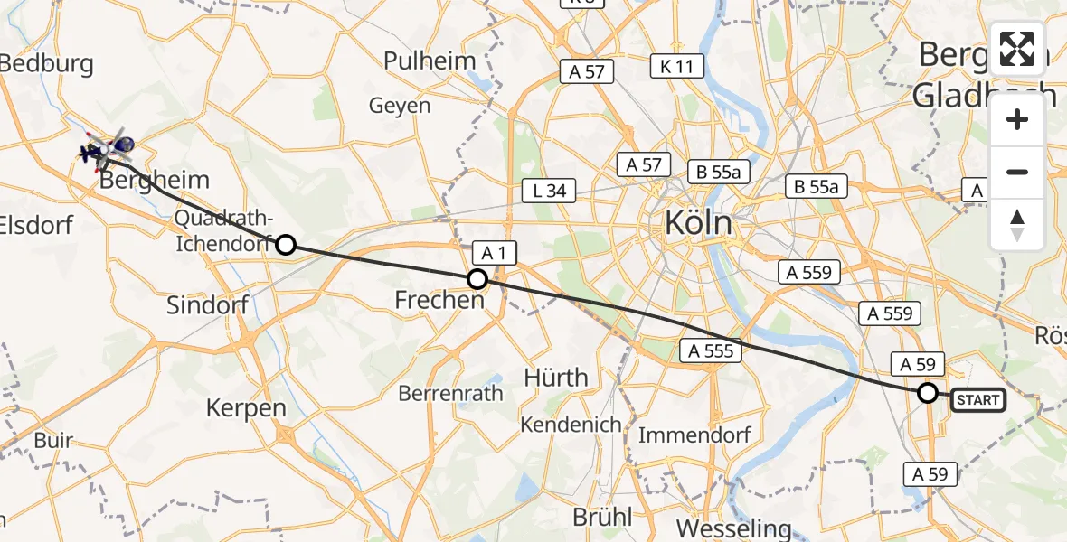 Flugroute Polizeihubschrauber Köln Bonn Flughafen - Bergheim, 10 Juli 2026, 15:59
