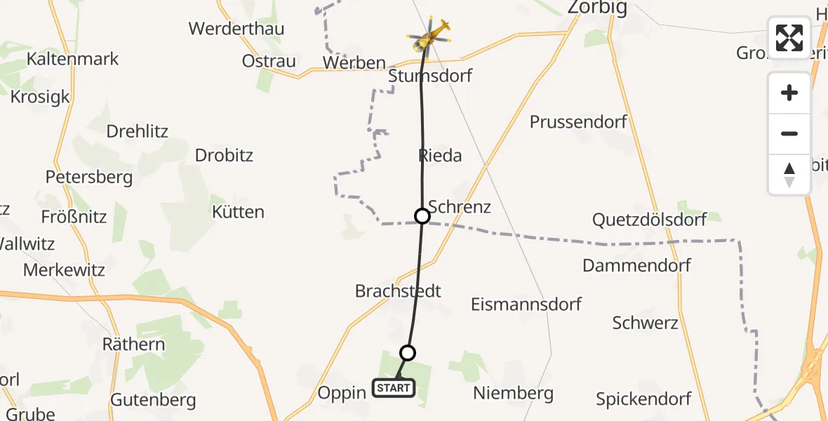 Flugroute Rettungshubschrauber Halle-Oppin Flugplatz - Zörbig, 10 Juli 2026, 16:00