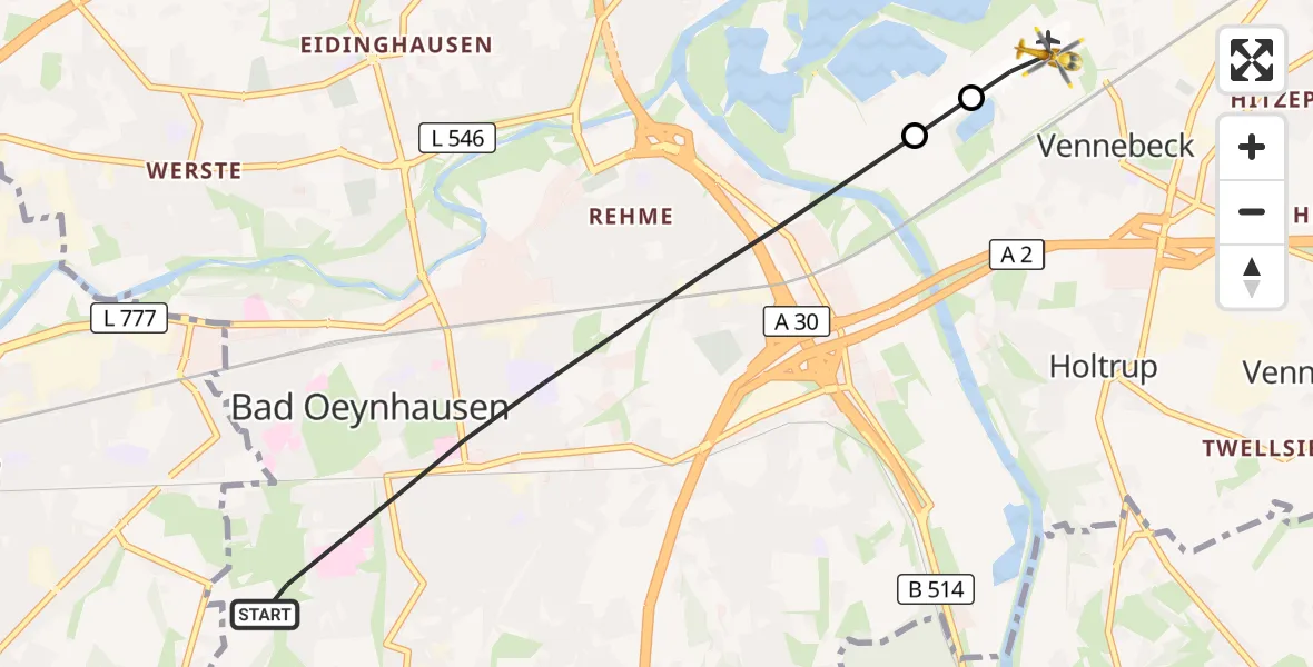 Flugroute Ambulanzhubschrauber Bad Oeynhausen - Porta Westfalica Flugplatz, 10 Juli 2026, 16:04