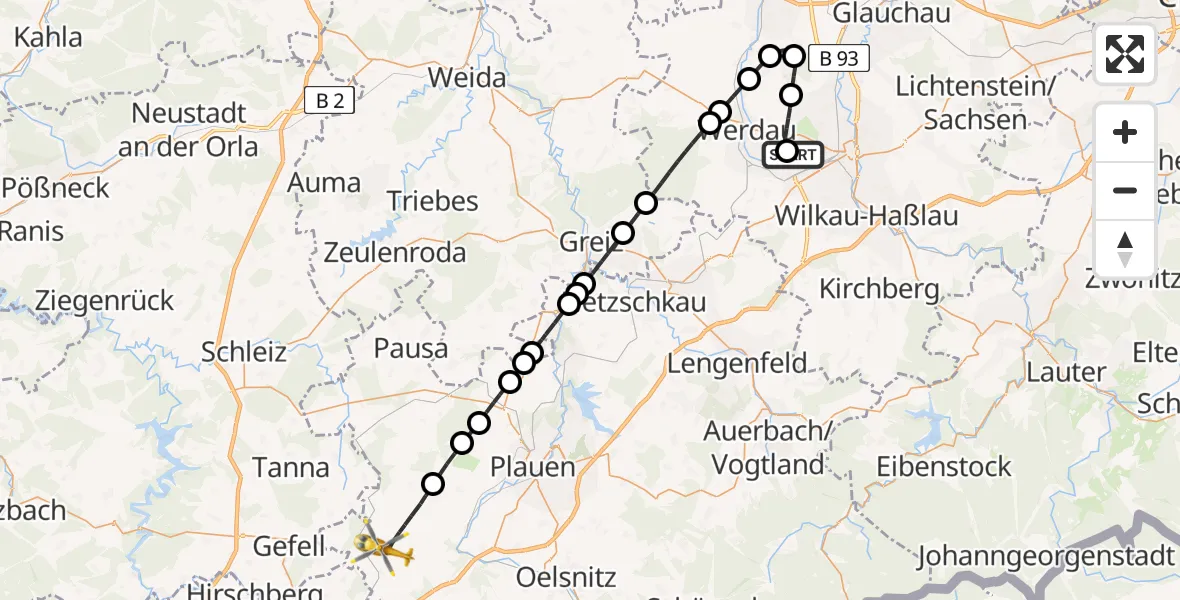Flugroute Rettungshubschrauber ADAC Air Rescue Station Zwickau Hubschrauberlandeplatz - Weischlitz, 10 Juli 2026, 16:05