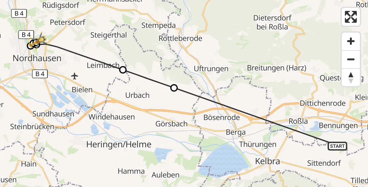Flugroute Rettungshubschrauber Südharz - Südharz Hospital Nordhausen, 10 Juli 2026, 16:05