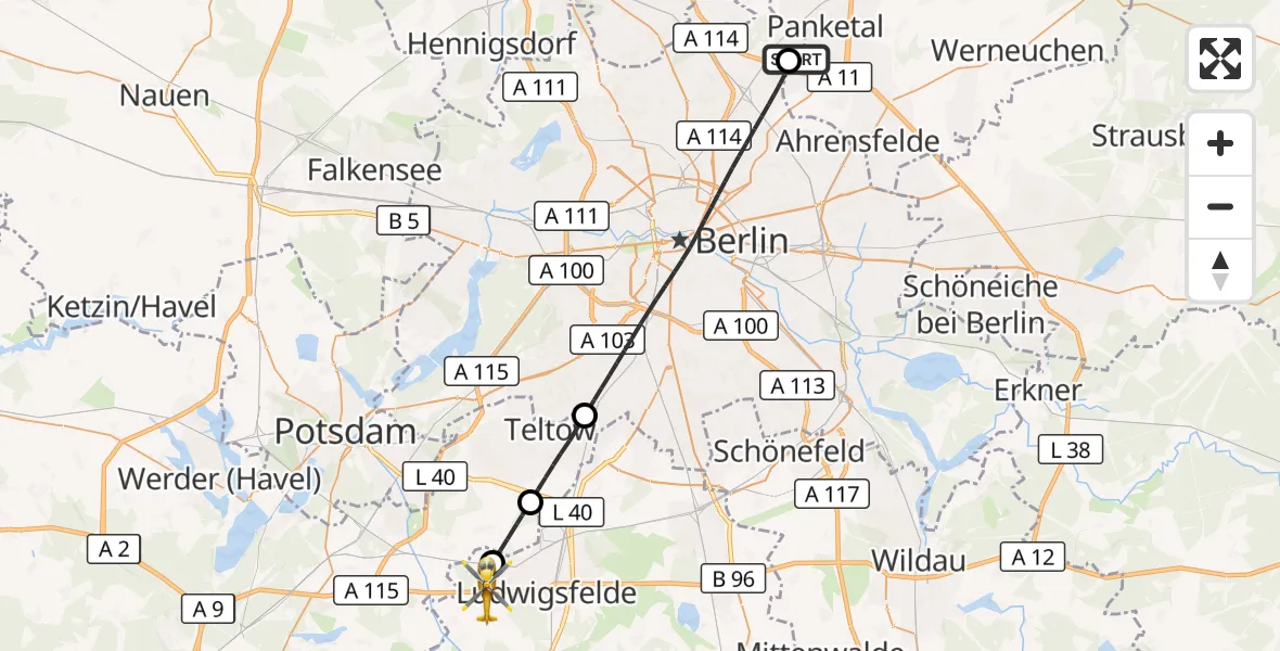 Flugroute Rettungshubschrauber Helios Clinic Berlin-Buch - Ludwigsfelde, 10 Juli 2026, 16:08