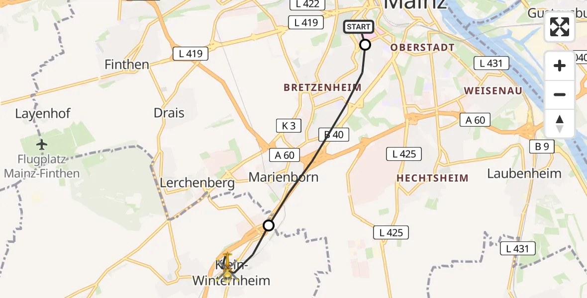 Flugroute Rettungshubschrauber Mainz University Hospital - Klein-Winternheim, 10 Juli 2026, 16:09
