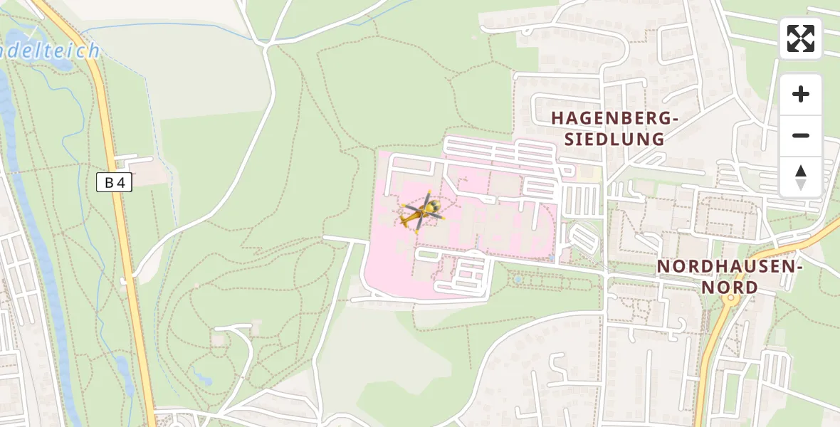 Flugroute Rettungshubschrauber Südharz Hospital Nordhausen - Südharz Hospital Nordhausen, 10 Juli 2026, 16:12