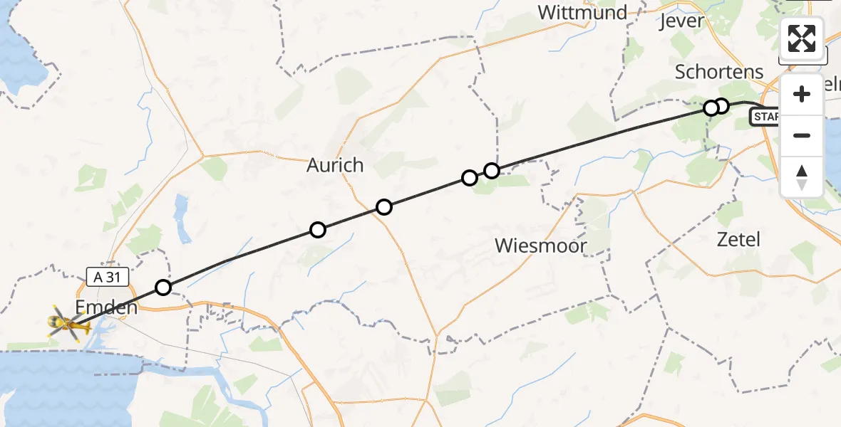 Flugroute Rettungshubschrauber Sande - Emden, 10 Juli 2026, 16:18