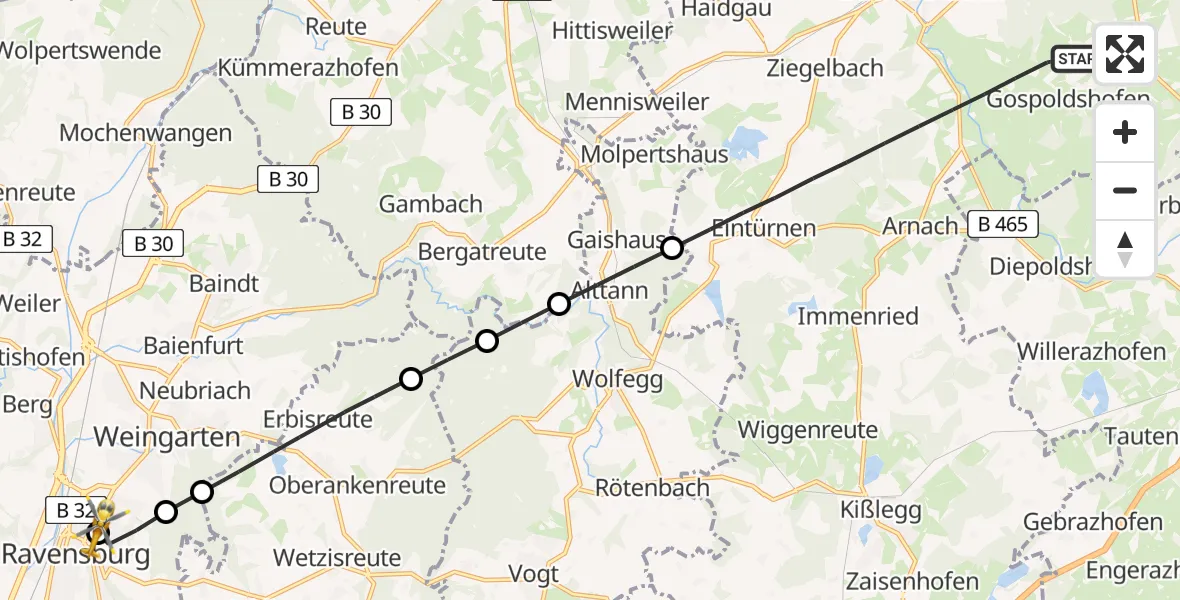 Flugroute Rettungshubschrauber Bad Wurzach - Sankt Elisabeth Hospital, 10 Juli 2026, 16:18
