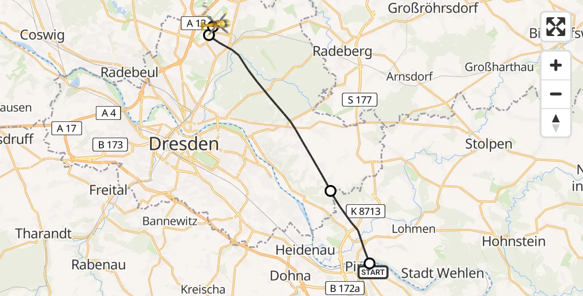 Flugroute Rettungshubschrauber Pirna Hospital - Dresden Bundespolizei Hubschrauberlandeplatz, 10 Juli 2026, 16:22