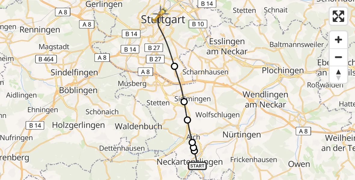 Flugroute Rettungshubschrauber Neckartenzlingen - Stuttgart, 10 Juli 2026, 16:22