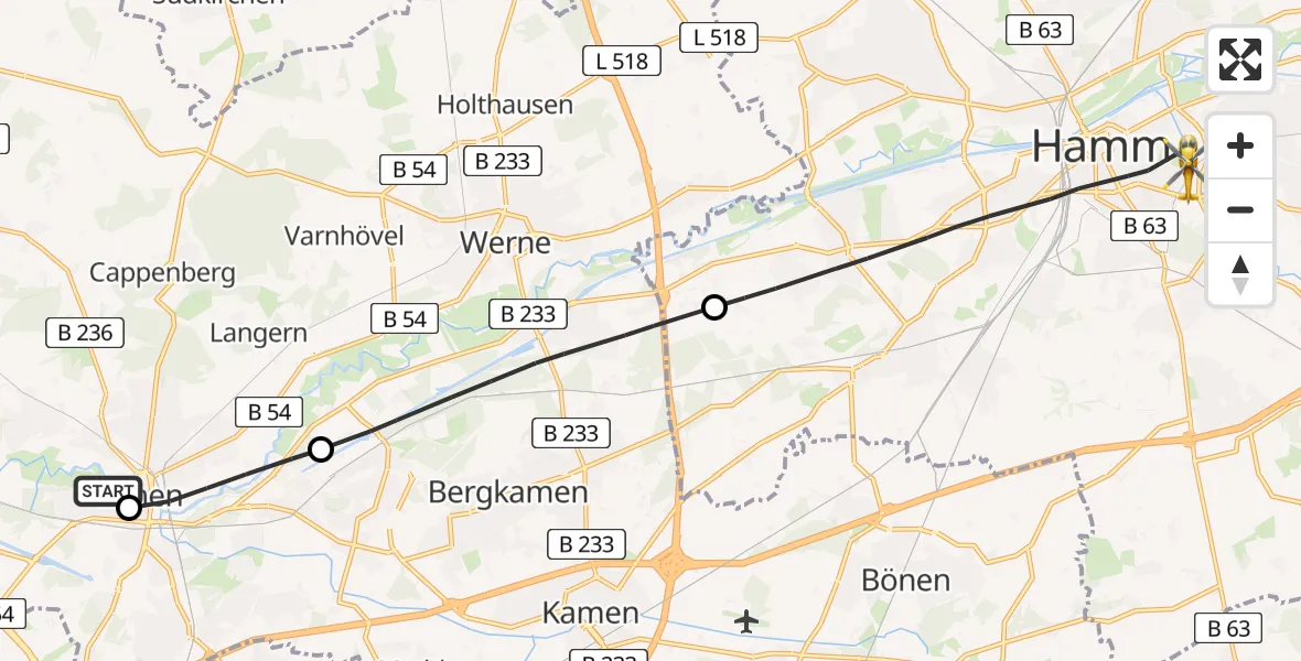 Flugroute Rettungshubschrauber Sankt Marien Hospital - Hamm, 10 Juli 2026, 16:23