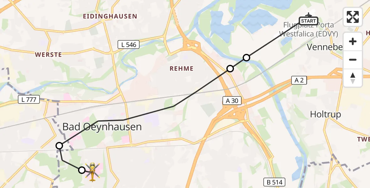 Flugroute Ambulanzhubschrauber Porta Westfalica Flugplatz - Bad Oeynhausen, 10 Juli 2026, 16:23