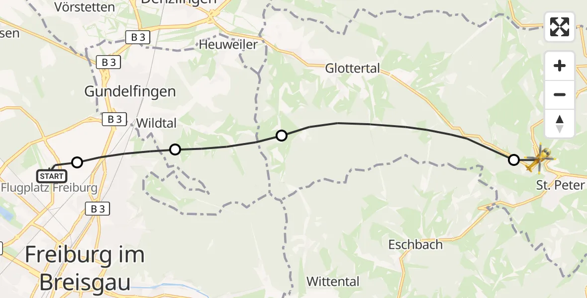 Flugroute Ambulanzhubschrauber Freiburg im Breisgau Flugplatz - St. Peter, 10 Juli 2026, 16:24