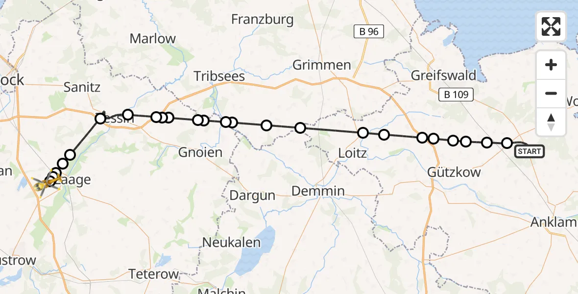 Flugroute Rettungshubschrauber Karlsburg - Flughafen Rostock-Laage, 10 Juli 2026, 16:25