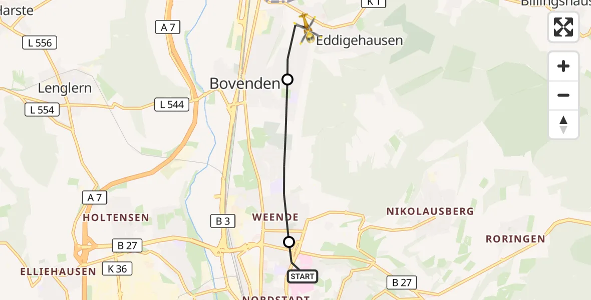 Flugroute Rettungshubschrauber Göttingen University Clinic Hubschrauberlandeplatz - Bovenden, 10 Juli 2026, 16:31