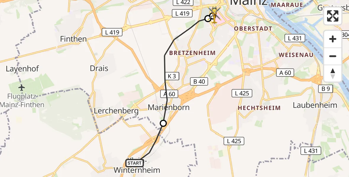 Flugroute Rettungshubschrauber Klein-Winternheim - Mainz University Hospital, 10 Juli 2026, 16:33