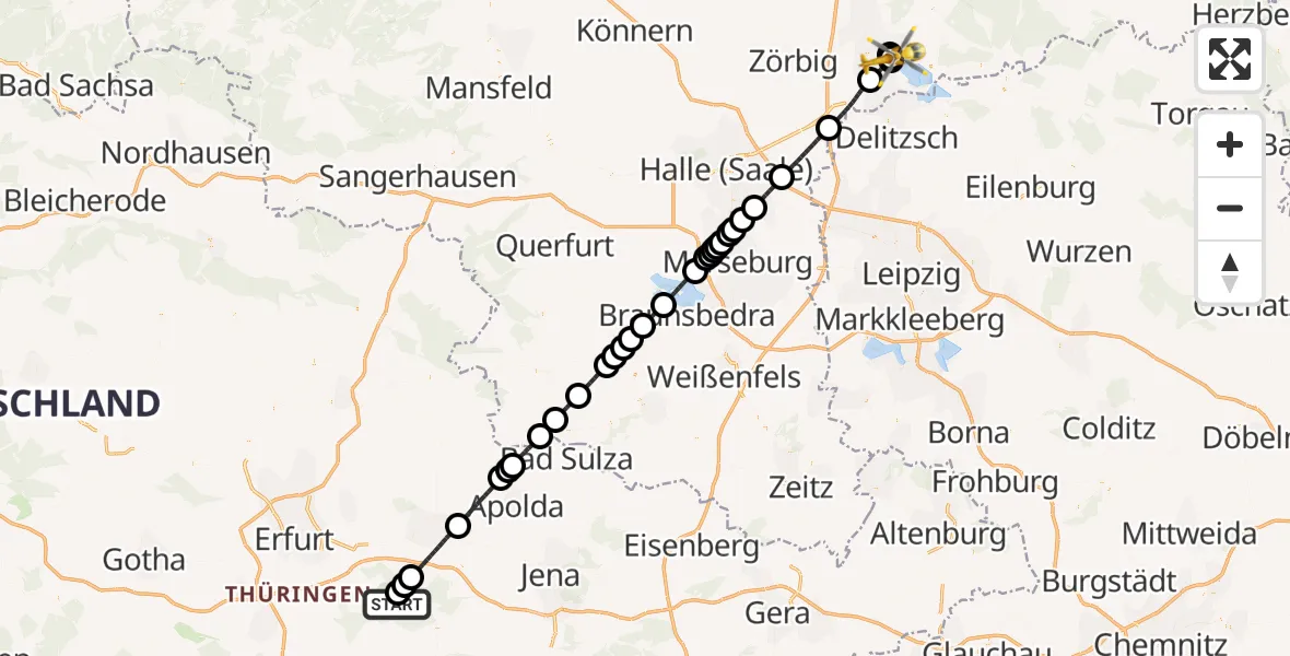 Flugroute Ambulanzhubschrauber Bad Berka - Bitterfield-Wolfen Health Center Hubschrauberlandeplatz, 10 Juli 2026, 16:34