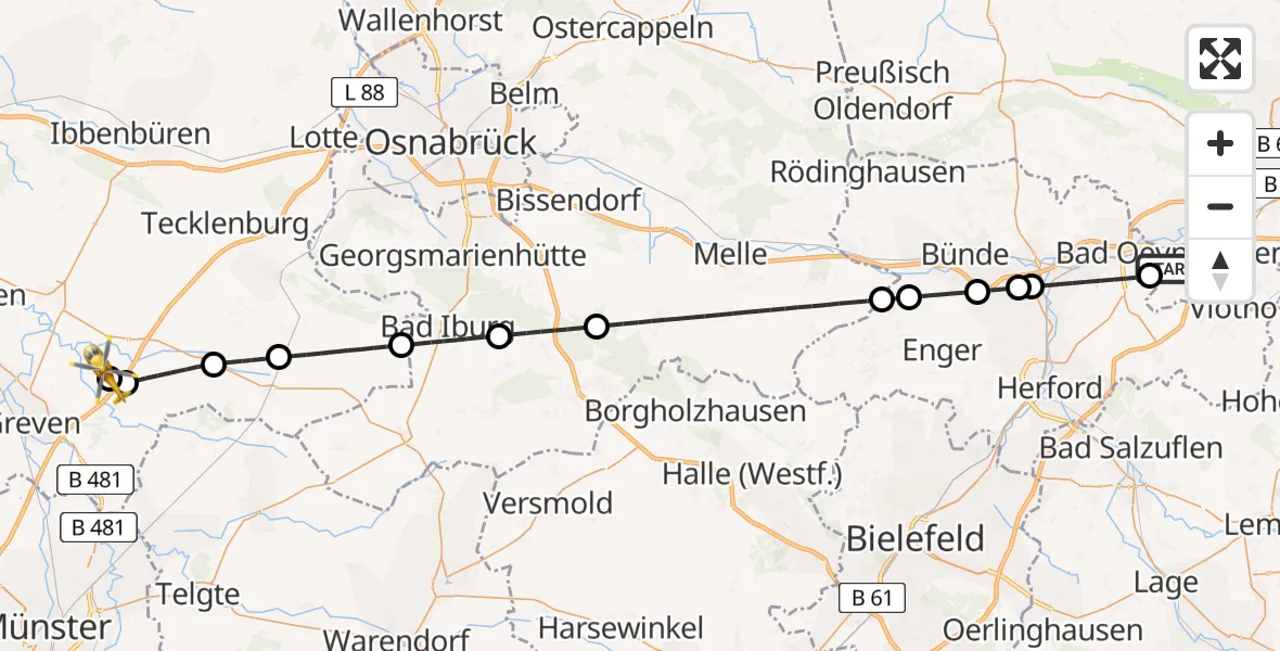 Flugroute Ambulanzhubschrauber Bad Oeynhausen - Christoph  Westfalen-ADAC, 10 Juli 2026, 16:36
