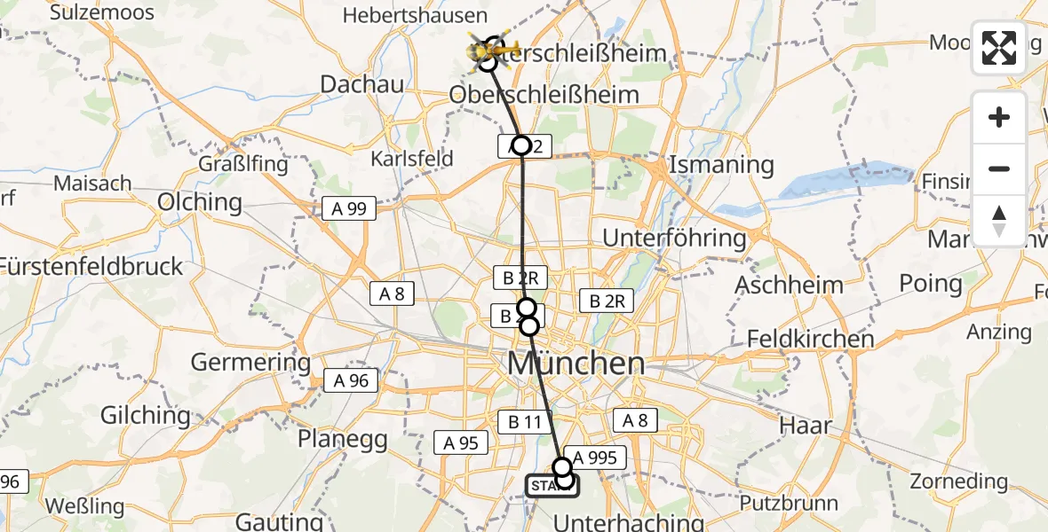 Flugroute Rettungshubschrauber ADAC Air Rescue Center Hubschrauberlandeplatz (Christoph 1) - Unterschleißheim, 10 Juli 2026, 16:37