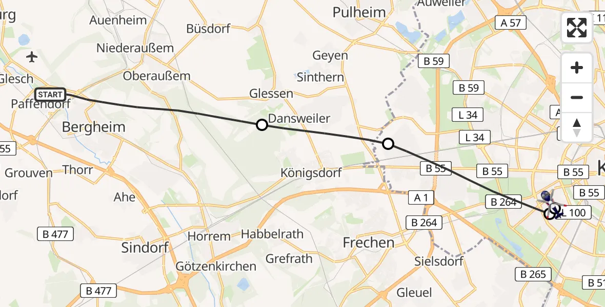 Flugroute Polizeihubschrauber Bergheim - Köln University Hospital, 10 Juli 2026, 16:37