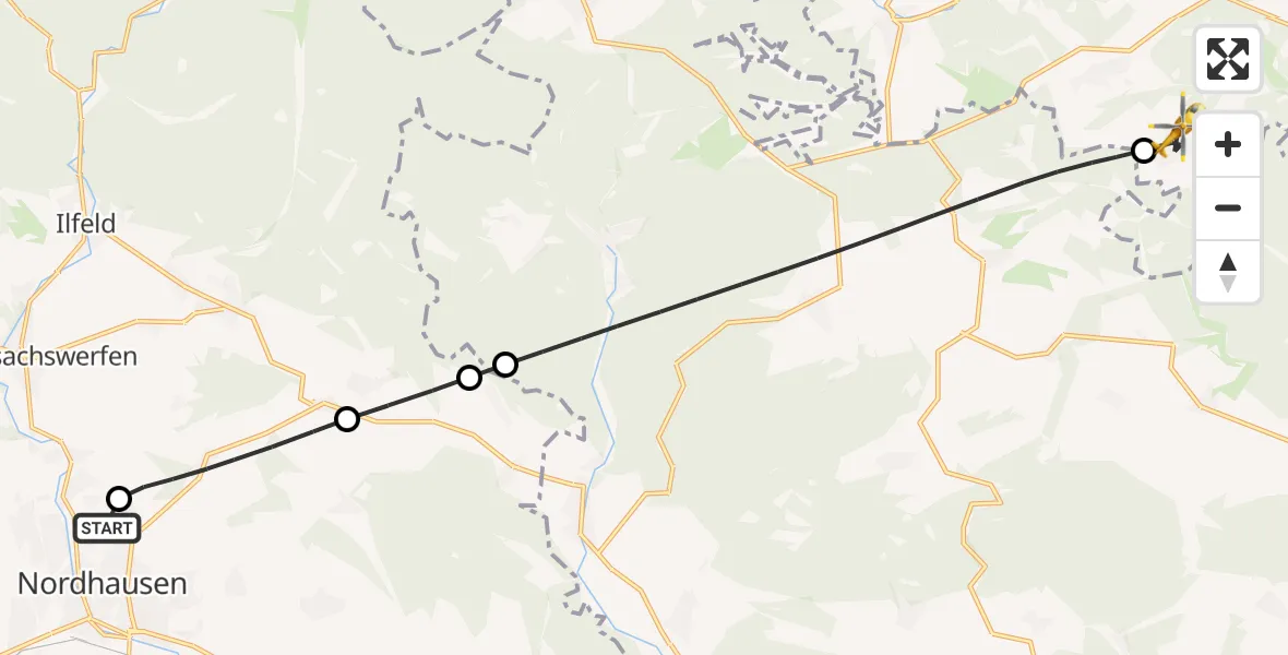 Flugroute Rettungshubschrauber Südharz Hospital Nordhausen - Harzgerode, 10 Juli 2026, 16:40