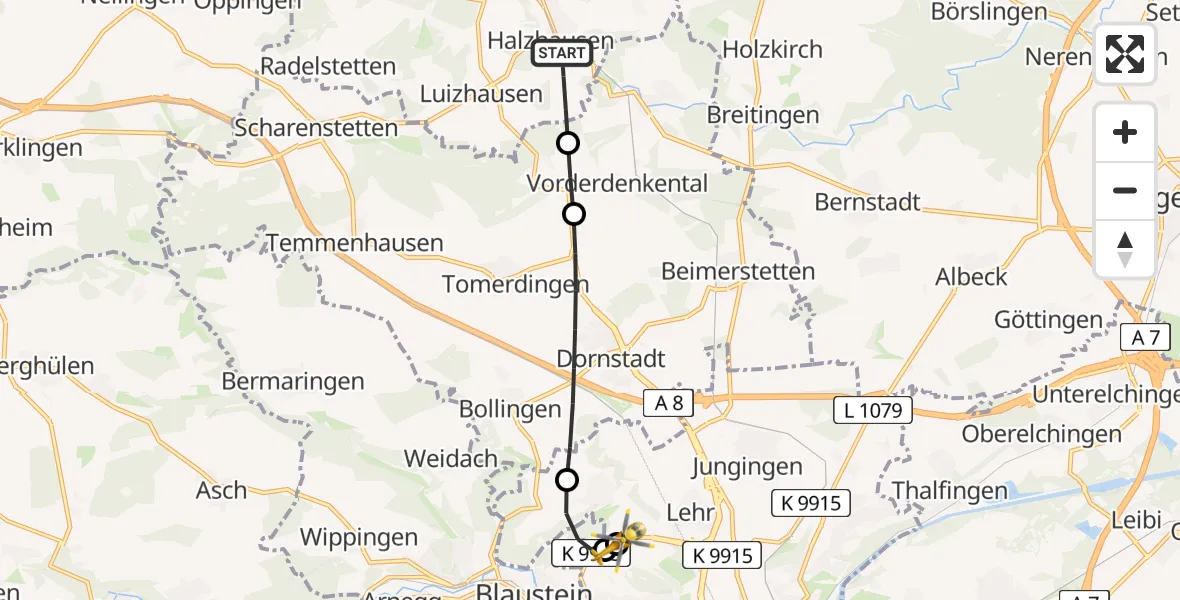 Flugroute Rettungshubschrauber Lonsee - Ulm Military Hospital Emergency, 10 Juli 2026, 16:42