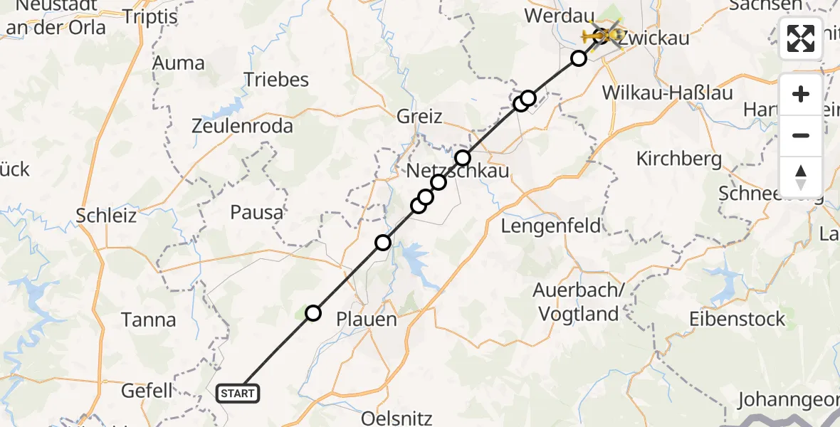 Flugroute Rettungshubschrauber Weischlitz - ADAC Air Rescue Station Zwickau Hubschrauberlandeplatz, 10 Juli 2026, 16:43