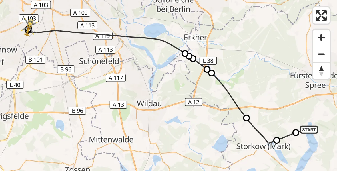 Flugroute Rettungshubschrauber Bad Saarow - Charité Clinic Benjamin Franklin Campus, 10 Juli 2026, 16:44